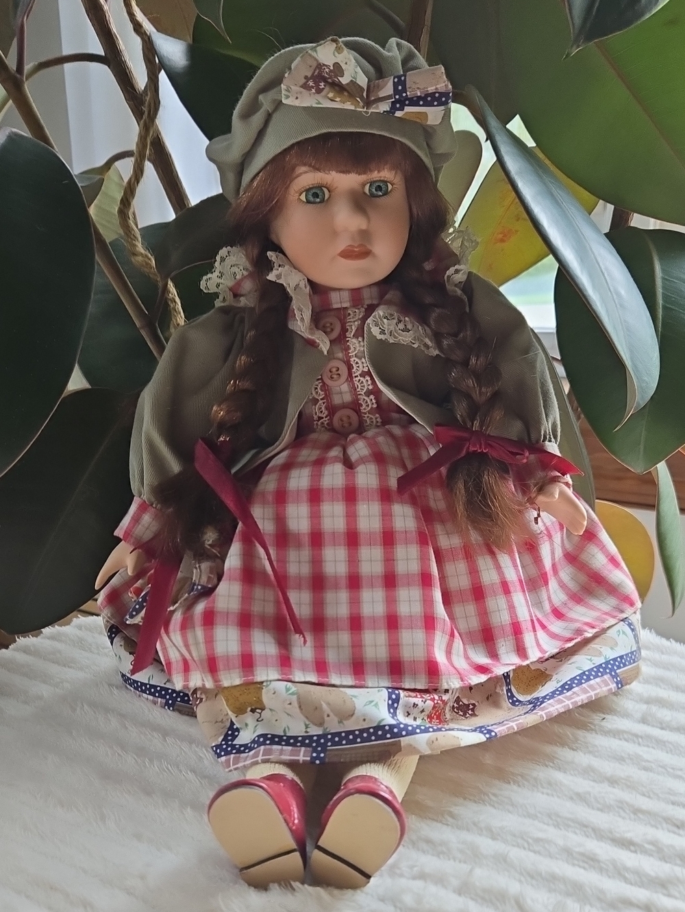 Classic Porcelain Girl Doll in Pink Plaid Dress
